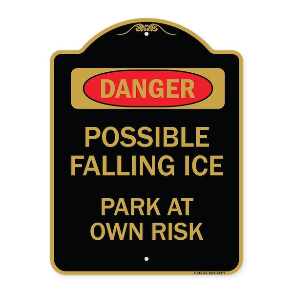 Possible Falling Ice-Park Own Risk, Black & Gold 18inx24in Aluminum Sign, 18" H, BG-1824-23277